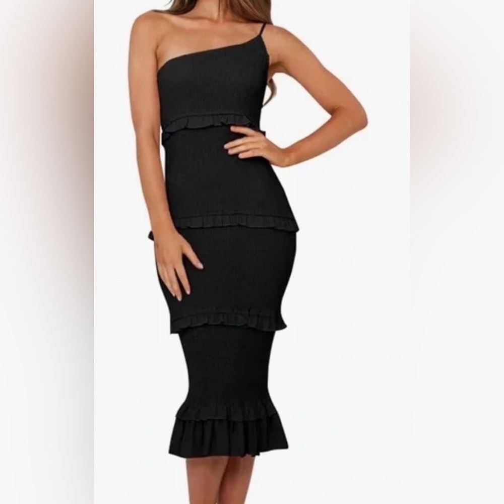 Prettygarden Womens Midi Bodycon One Shoulder Strappy Tiered Ruffle Dress Sz XL
